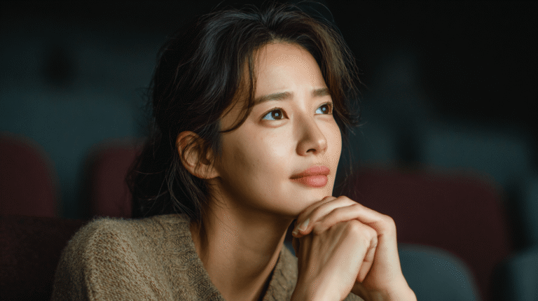 A woman sitting alone in a dark movie theather