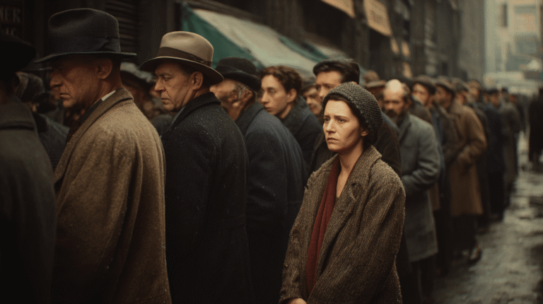 A long breadline during the Great Depression
