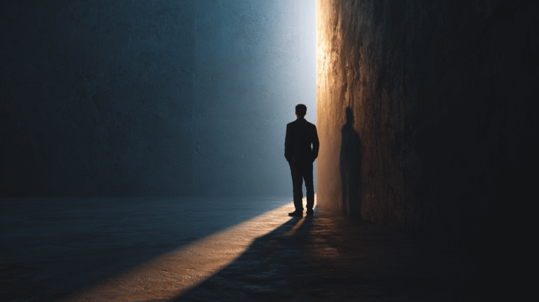 A_single_person_standing_between_light_and_shadow