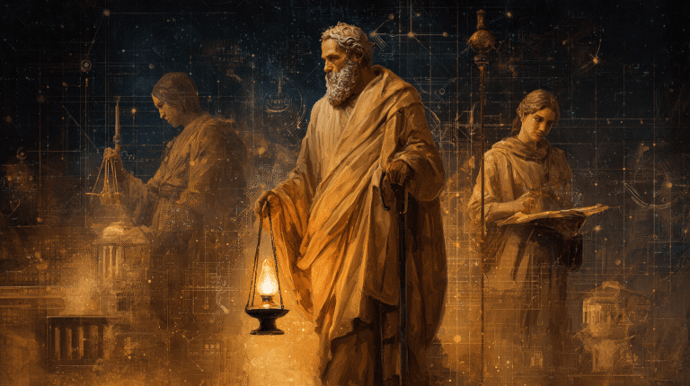 A symbolic scene of humanity searching for truth