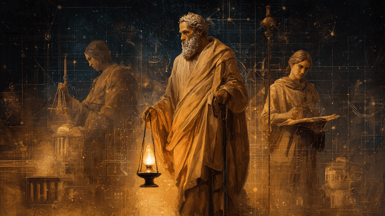 A symbolic scene of humanity searching for truth