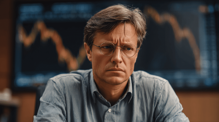 A worried investor refusing to sell a collapsing stock