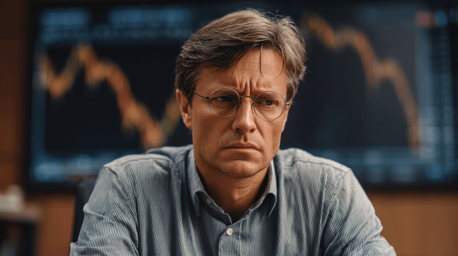 A worried investor refusing to sell a collapsing stock