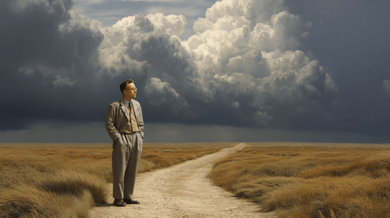 Albert_Camus_standing_alone_beneath_a_vast_empty