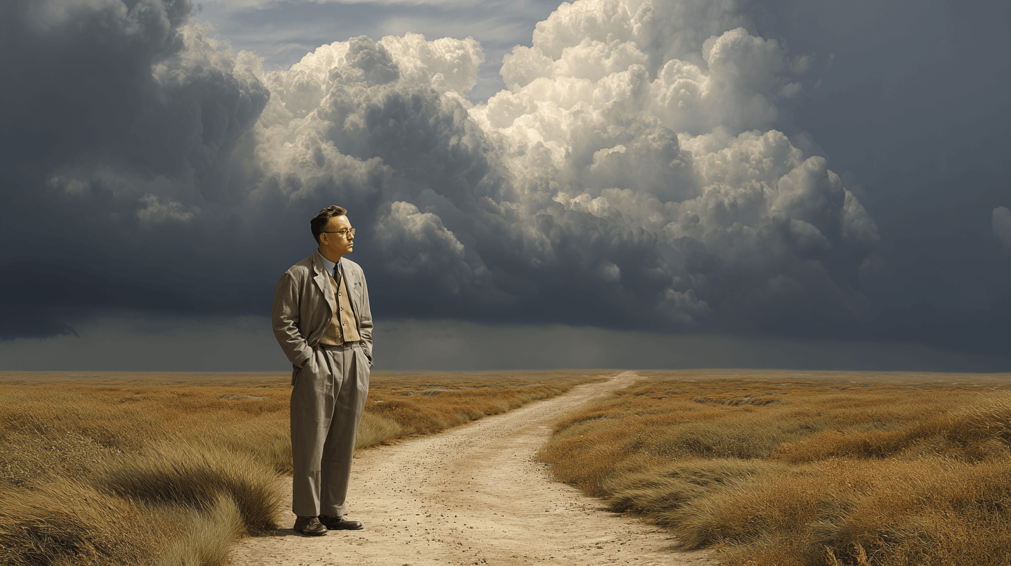 Albert_Camus_standing_alone_beneath_a_vast_empty
