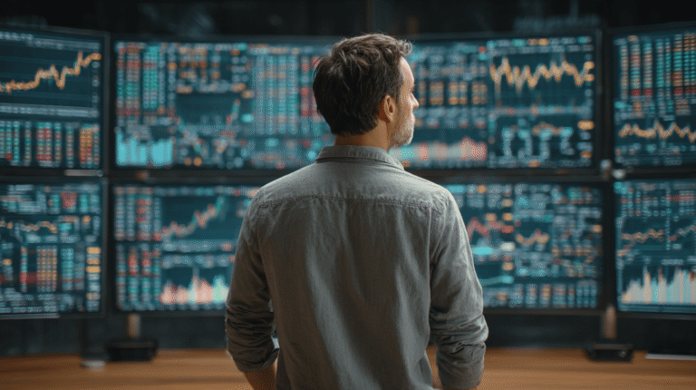An investor surrounded by countless financial chart