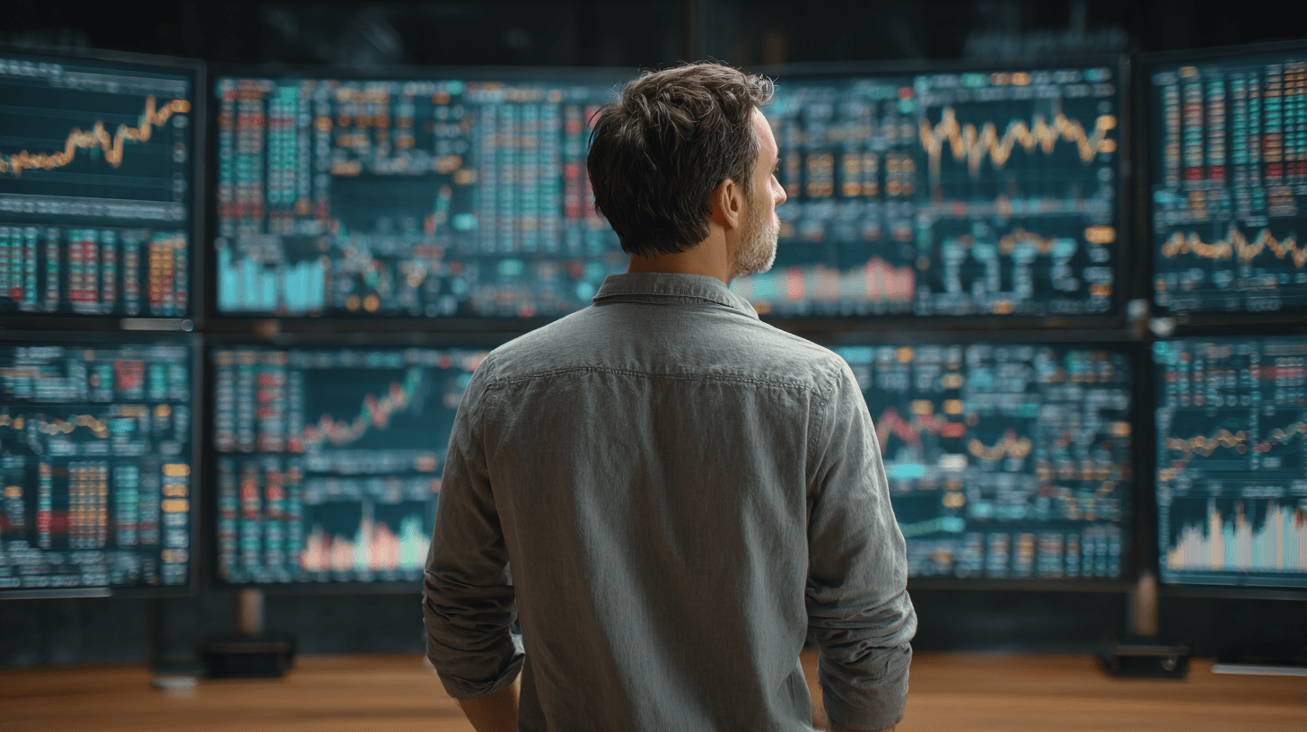 An investor surrounded by countless financial chart