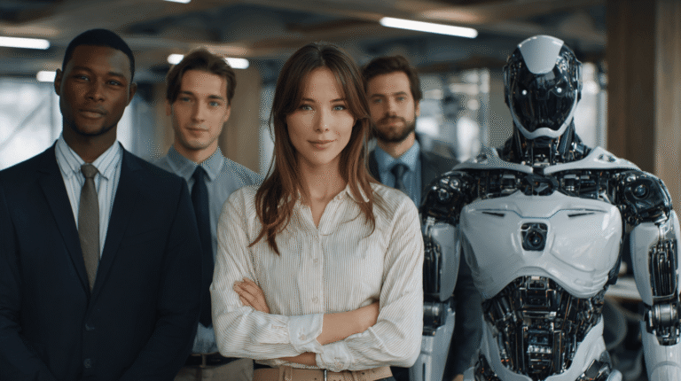 Diverse professionals working alongside AI