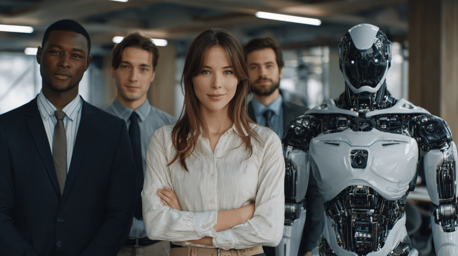 Diverse professionals working alongside AI
