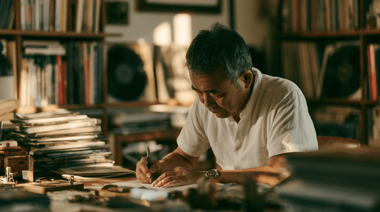 Haruki Murakami writing in his study