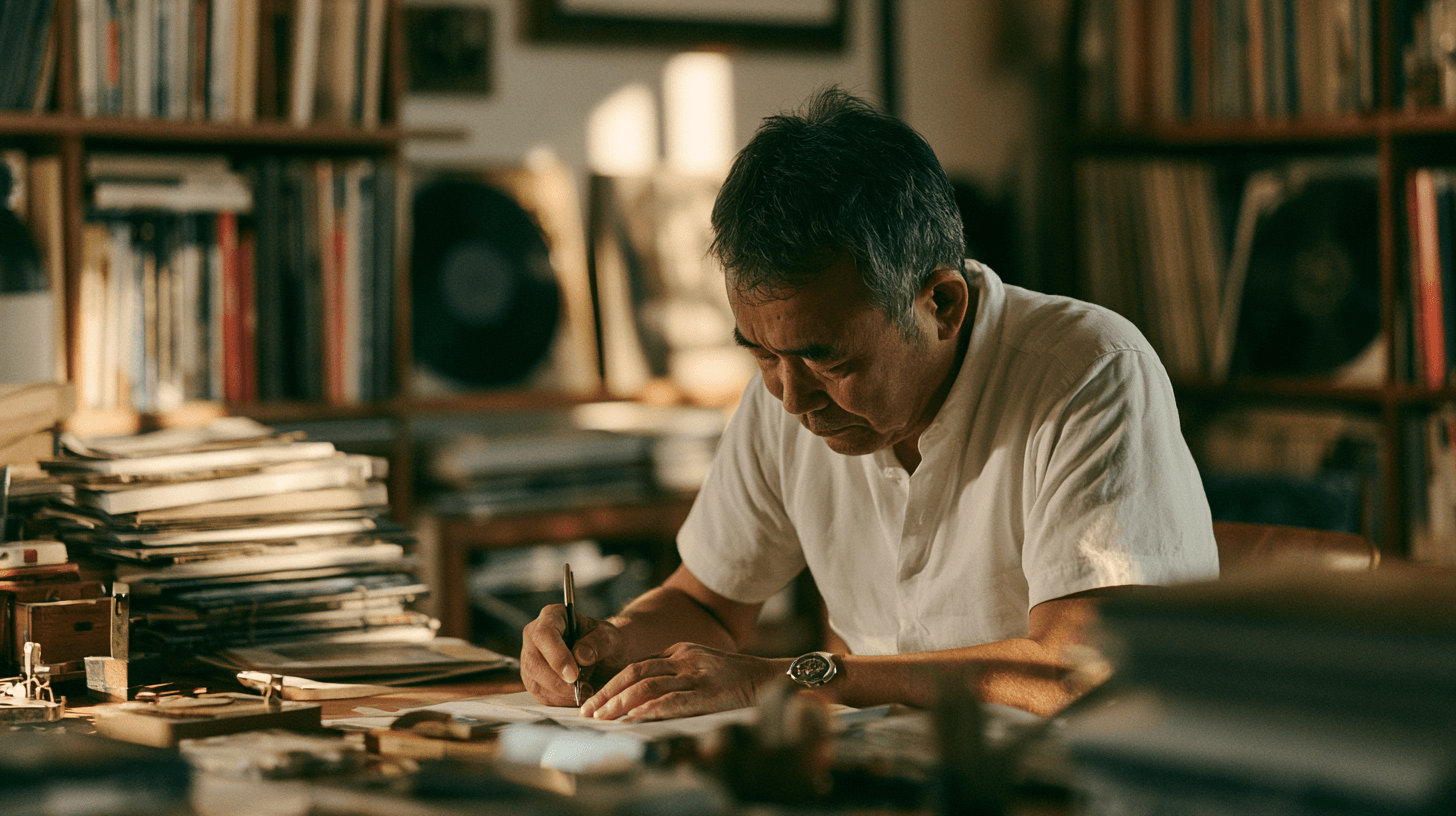 Haruki Murakami writing in his study